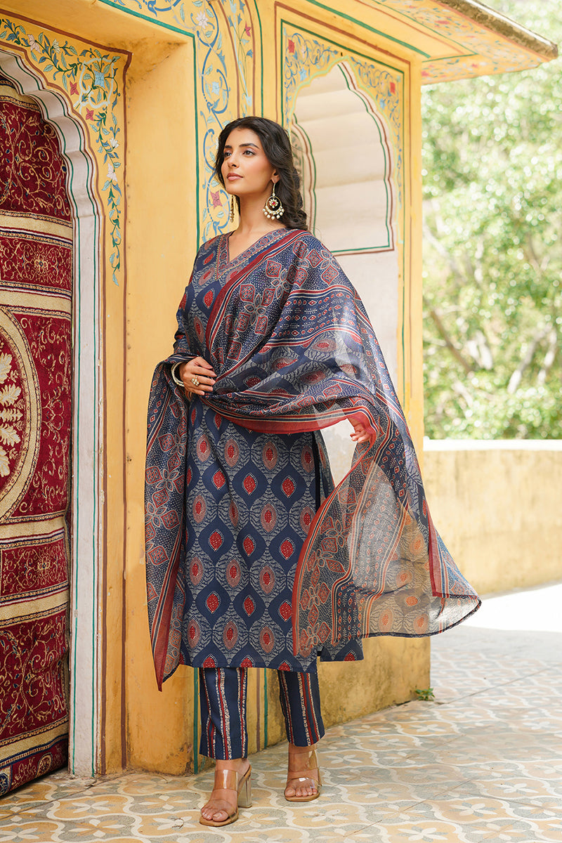 Blue Rayon Blend Ethnic Motifs Printed Straight Kurta Trousers With Dupatta VKSKD2363