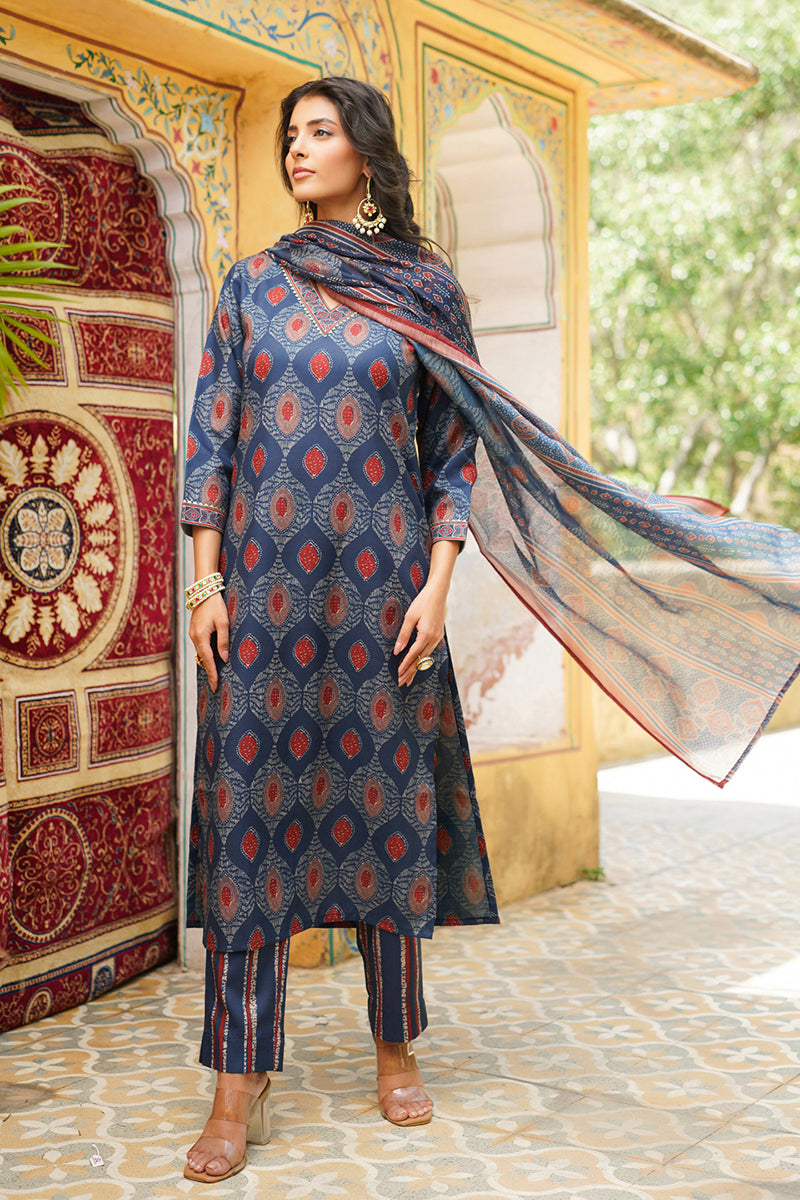 Blue Rayon Blend Ethnic Motifs Printed Straight Kurta Trousers With Dupatta VKSKD2363