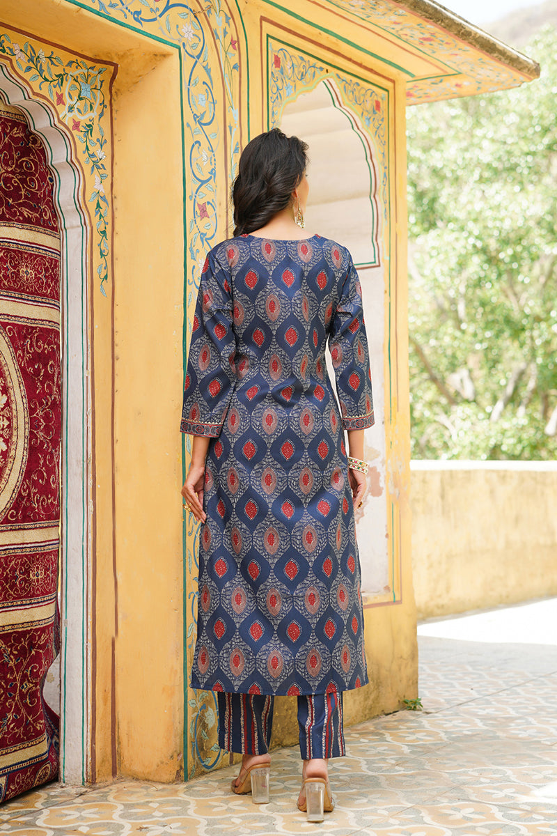 Blue Rayon Blend Ethnic Motifs Printed Straight Kurta Trousers With Dupatta VKSKD2363