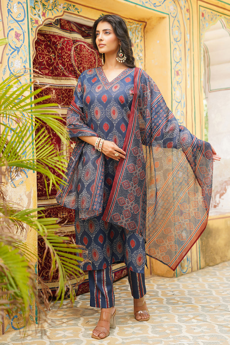 Blue Rayon Blend Ethnic Motifs Printed Straight Kurta Trousers With Dupatta VKSKD2363