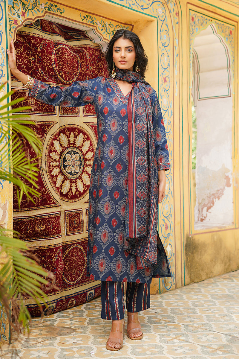 Blue Rayon Blend Ethnic Motifs Printed Straight Kurta Trousers With Dupatta VKSKD2363