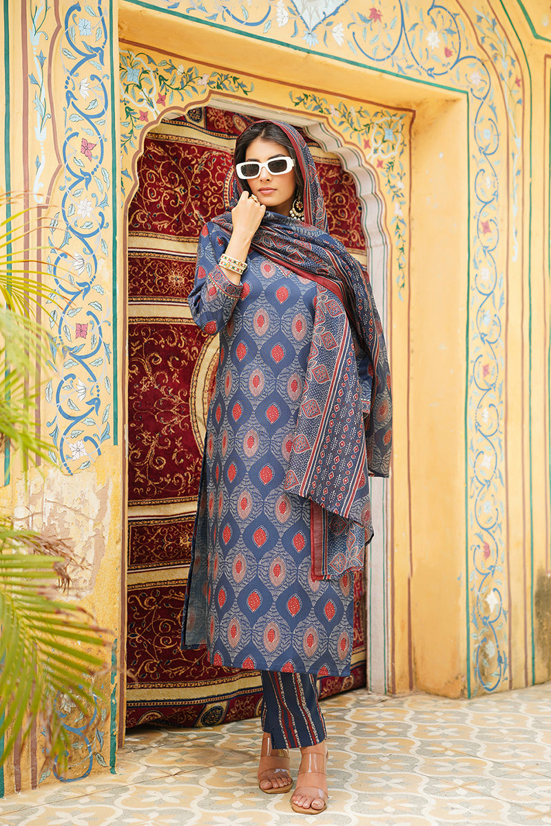 Blue Rayon Blend Ethnic Motifs Printed Straight Kurta Trousers With Dupatta VKSKD2363