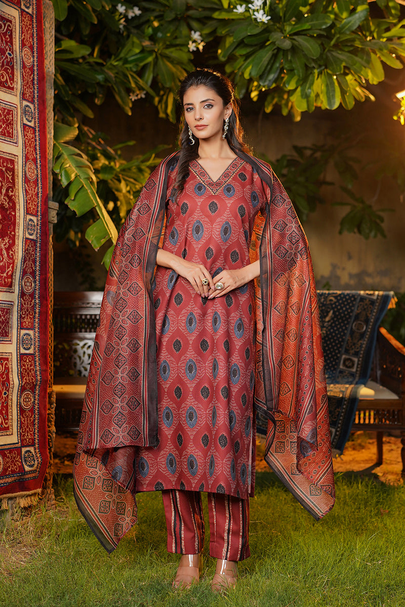 Maroon Rayon Blend Ethnic Motifs Printed Straight Kurta Trousers With Dupatta VKSKD2364
