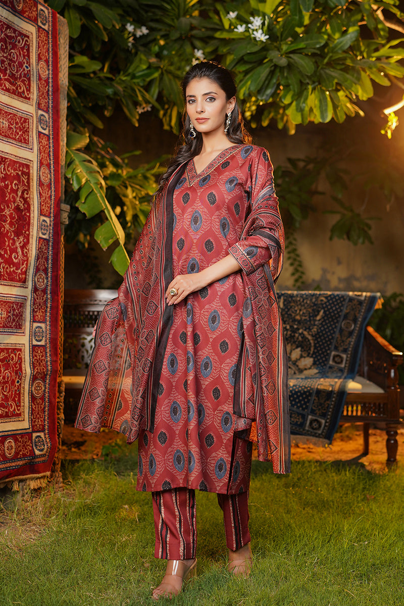 Maroon Rayon Blend Ethnic Motifs Printed Straight Kurta Trousers With Dupatta VKSKD2364
