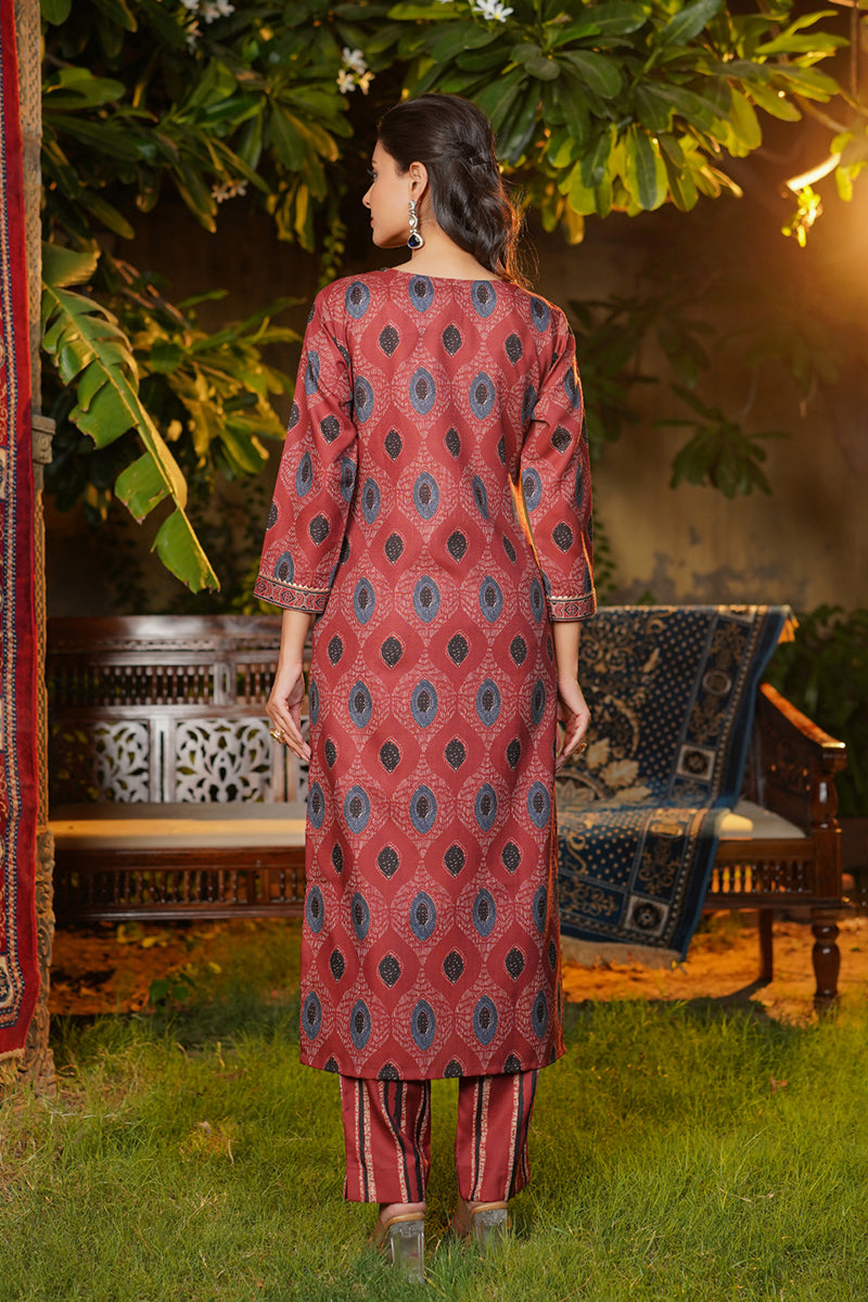 Maroon Rayon Blend Ethnic Motifs Printed Straight Kurta Trousers With Dupatta VKSKD2364
