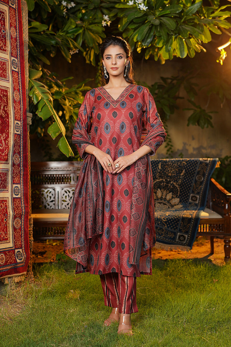 Maroon Rayon Blend Ethnic Motifs Printed Straight Kurta Trousers With Dupatta VKSKD2364