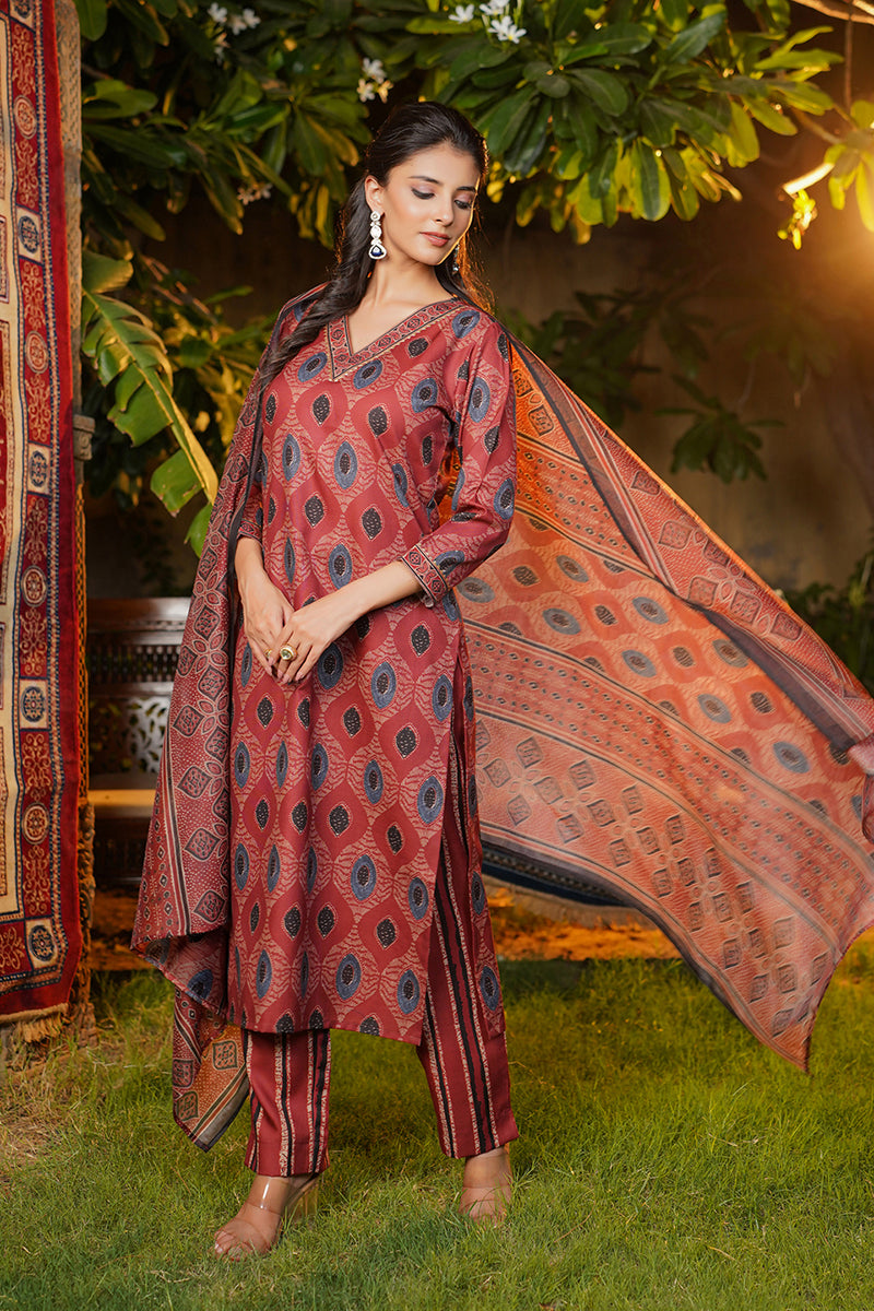 Maroon Rayon Blend Ethnic Motifs Printed Straight Kurta Trousers With Dupatta VKSKD2364