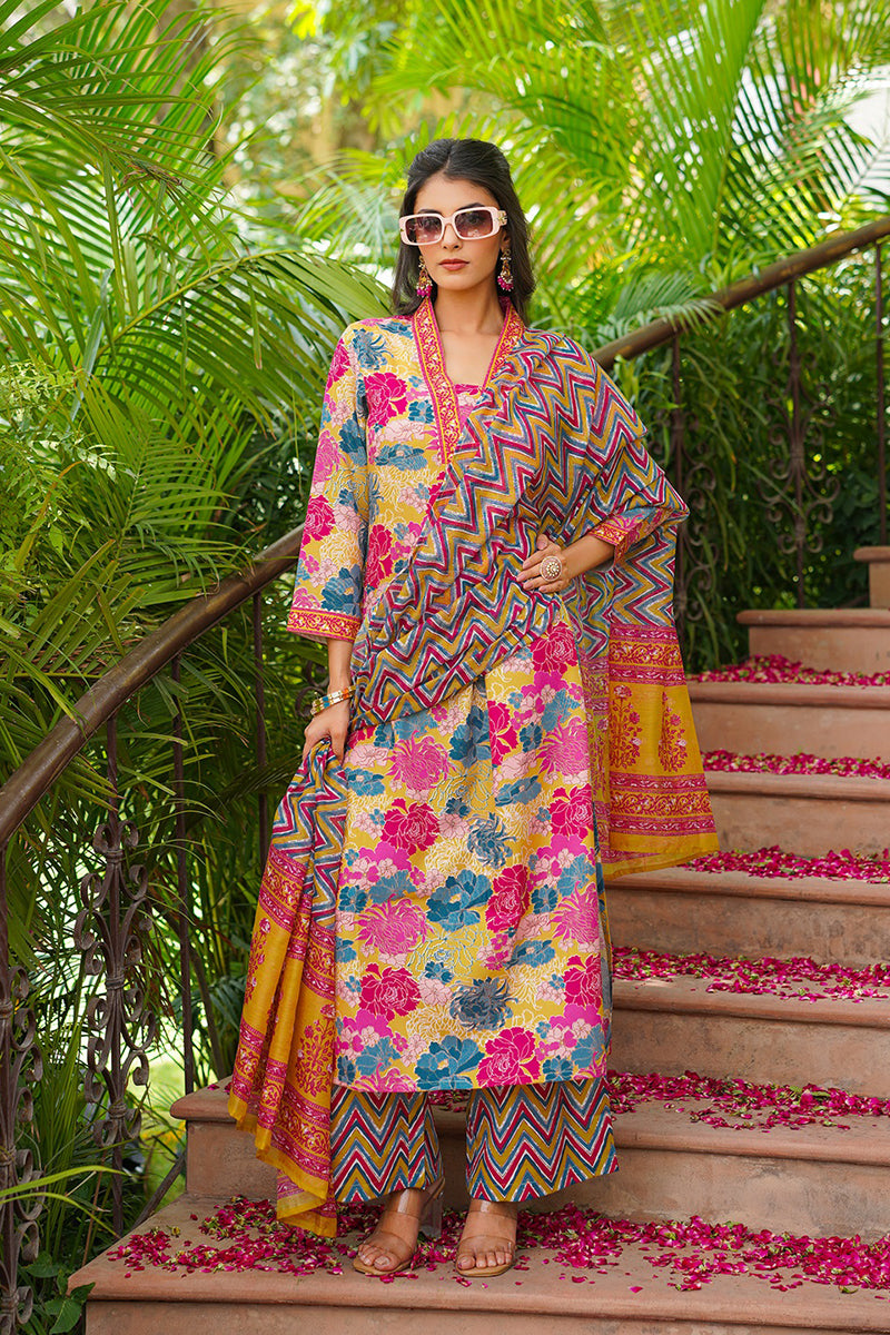 Yellow Rayon Blend Floral Printed Straight Kurta Palazzos With Dupatta VKSKD2366