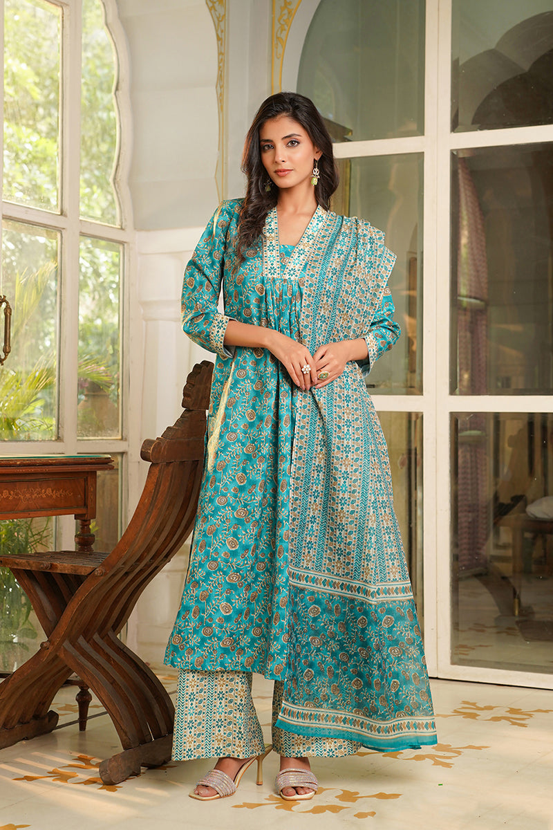 Turquoise Blue Rayon Blend Floral Printed Straight Kurta Trouser with Dupatta VKSKD2369