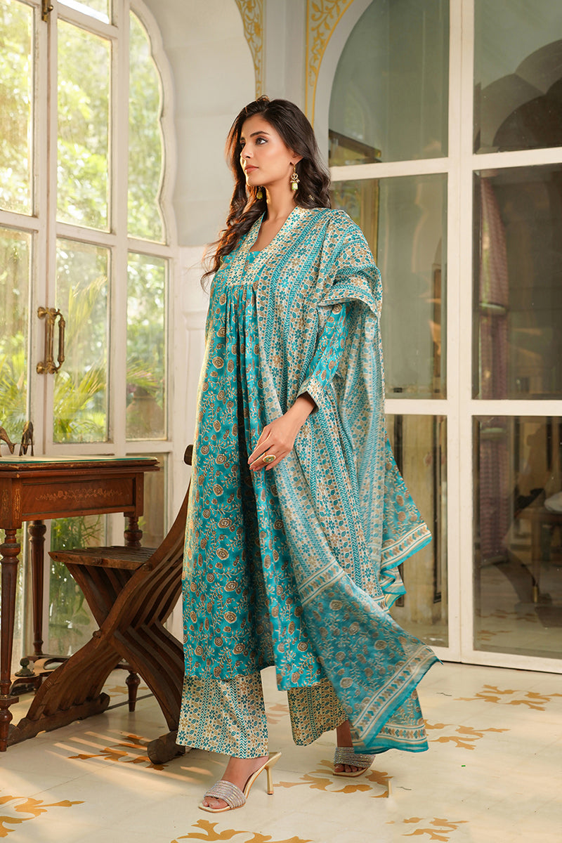 Turquoise Blue Rayon Blend Floral Printed Straight Kurta Trouser with Dupatta VKSKD2369