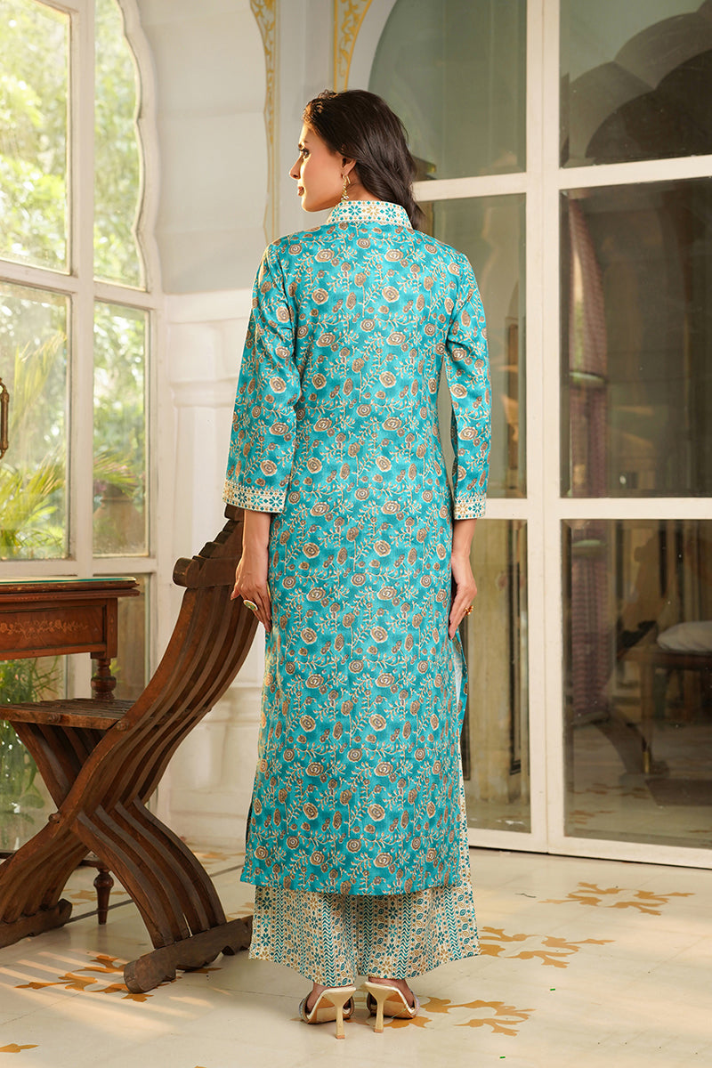 Turquoise Blue Rayon Blend Floral Printed Straight Kurta Trouser with Dupatta VKSKD2369