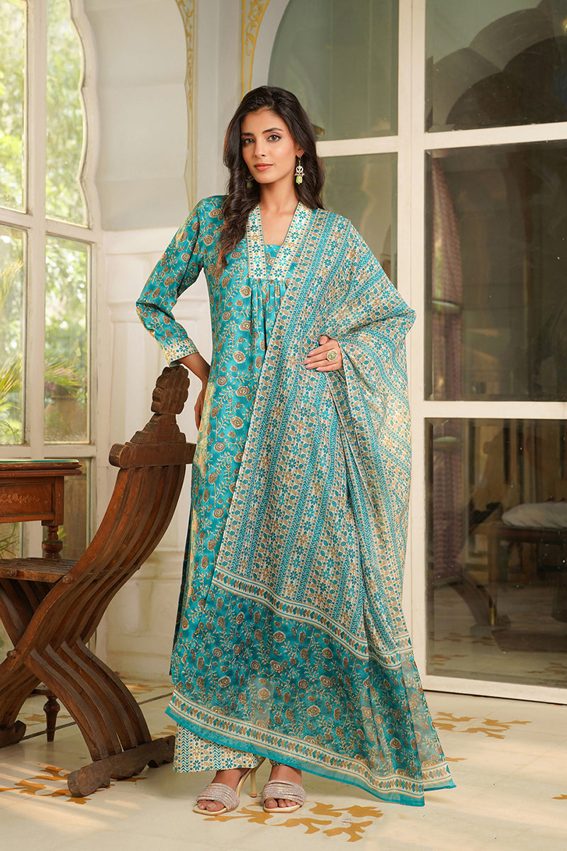 Turquoise Blue Rayon Blend Floral Printed Straight Kurta Trouser with Dupatta VKSKD2369