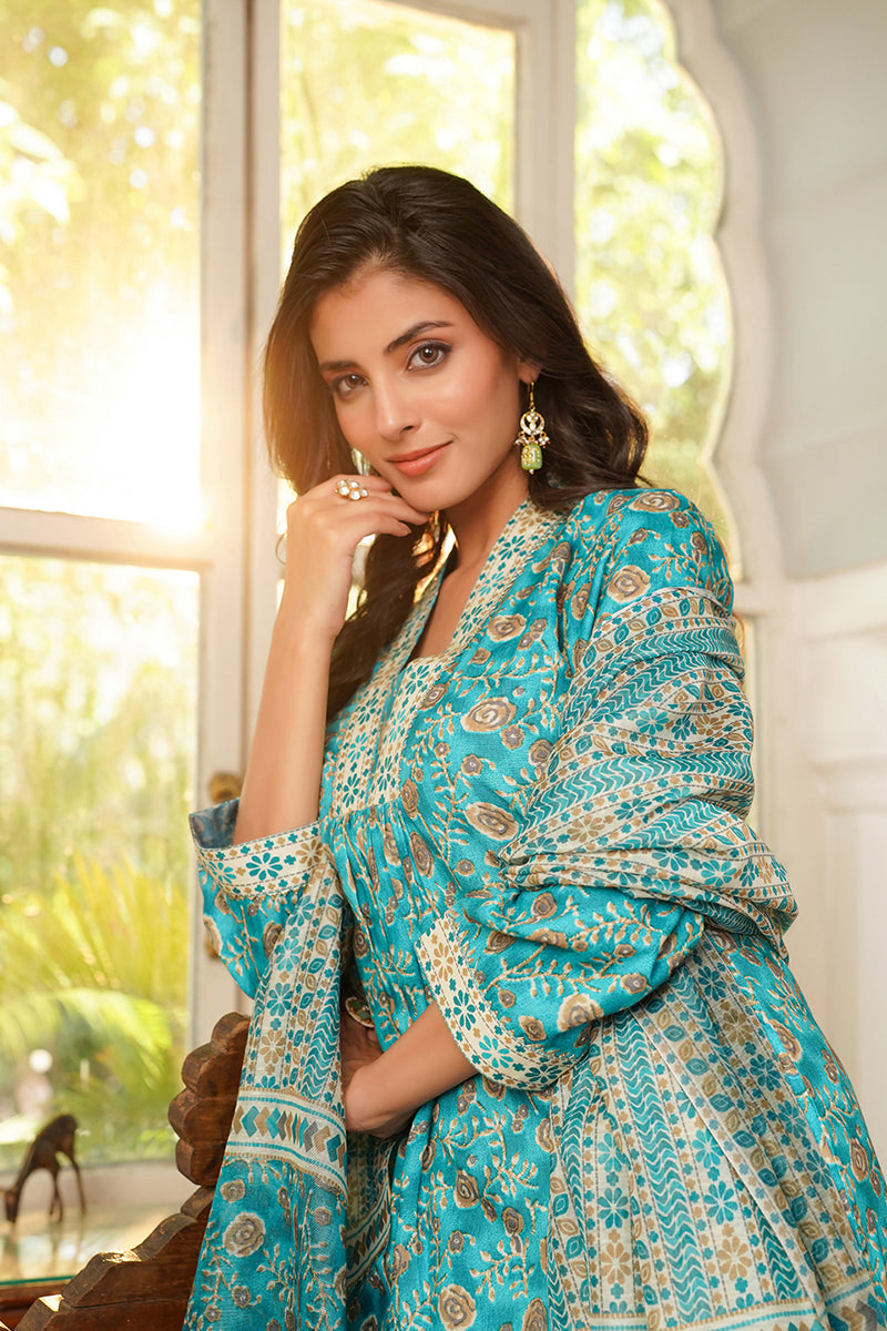 Turquoise Blue Rayon Blend Floral Printed Straight Kurta Trouser with Dupatta VKSKD2369