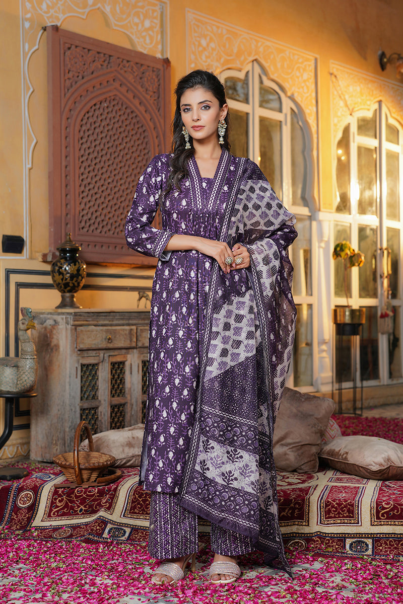 Purple Rayon Blend Batik Printed Straight Kurta Palazzos With Dupatta VKSKD2370