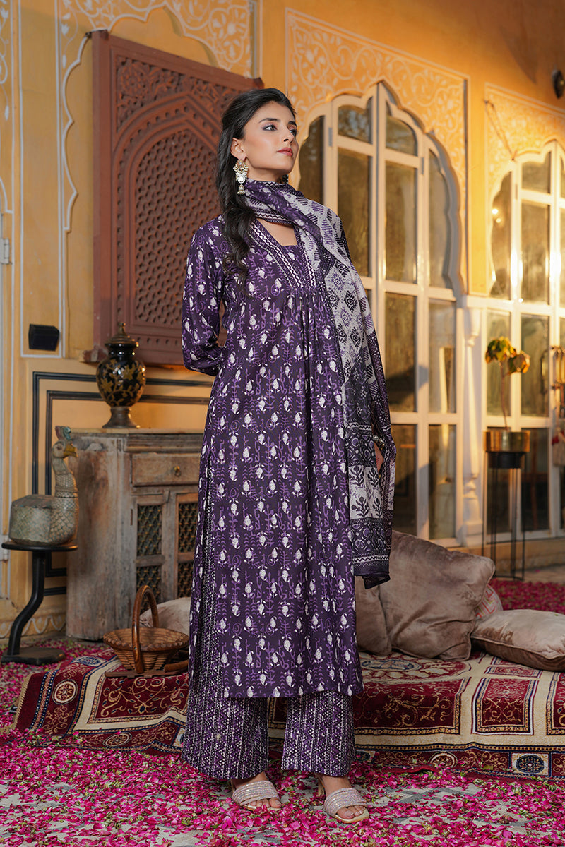 Purple Rayon Blend Batik Printed Straight Kurta Palazzos With Dupatta VKSKD2370