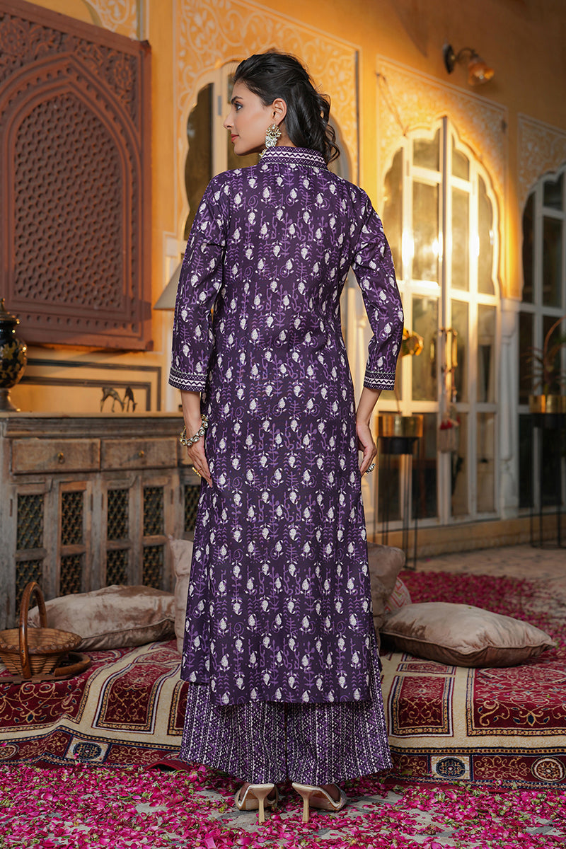 Purple Rayon Blend Batik Printed Straight Kurta Palazzos With Dupatta VKSKD2370