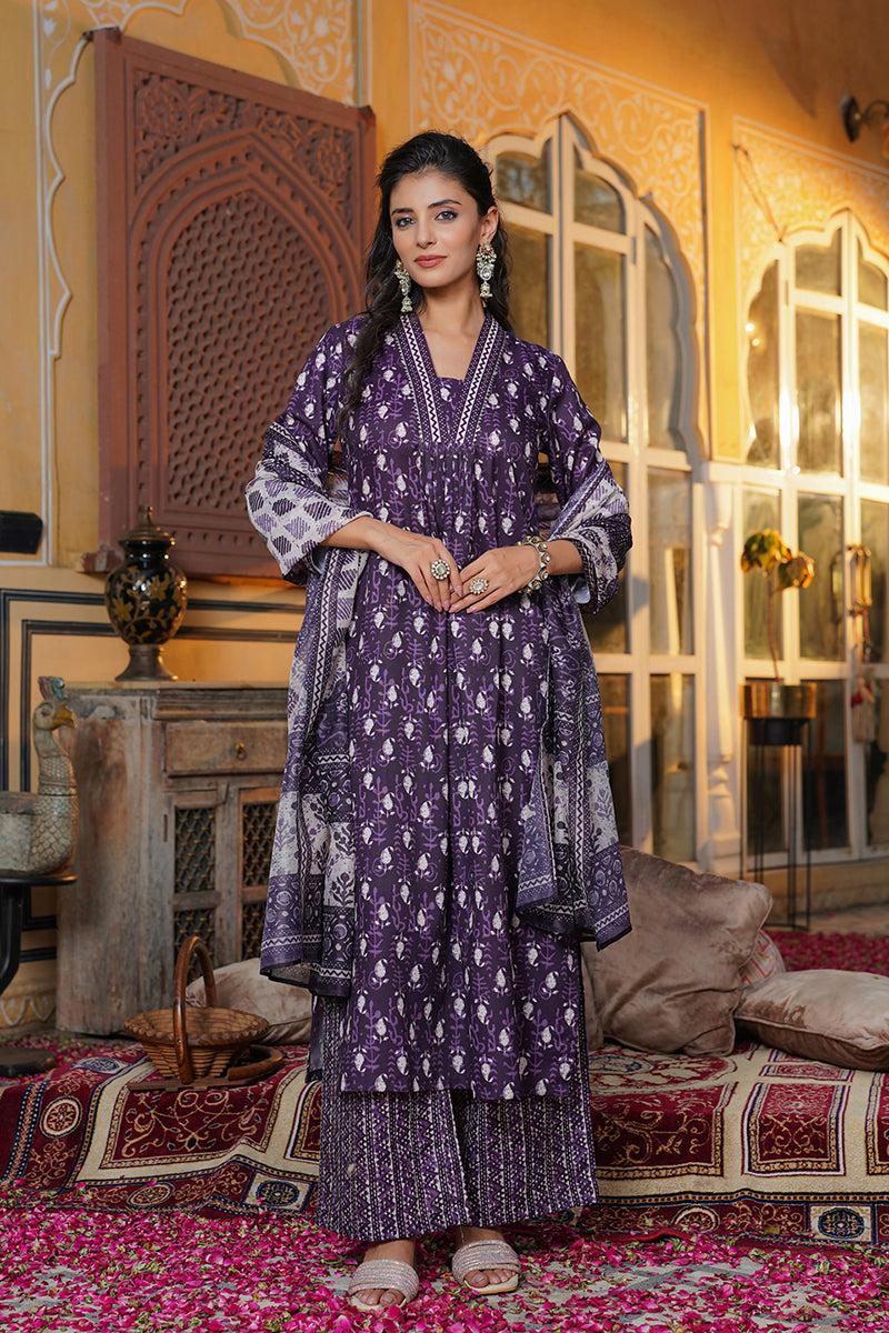 Purple Rayon Blend Batik Printed Straight Kurta Palazzos With Dupatta VKSKD2370
