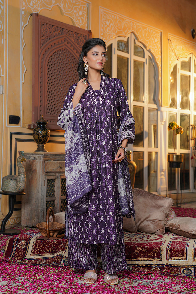 Purple Rayon Blend Batik Printed Straight Kurta Palazzos With Dupatta VKSKD2370
