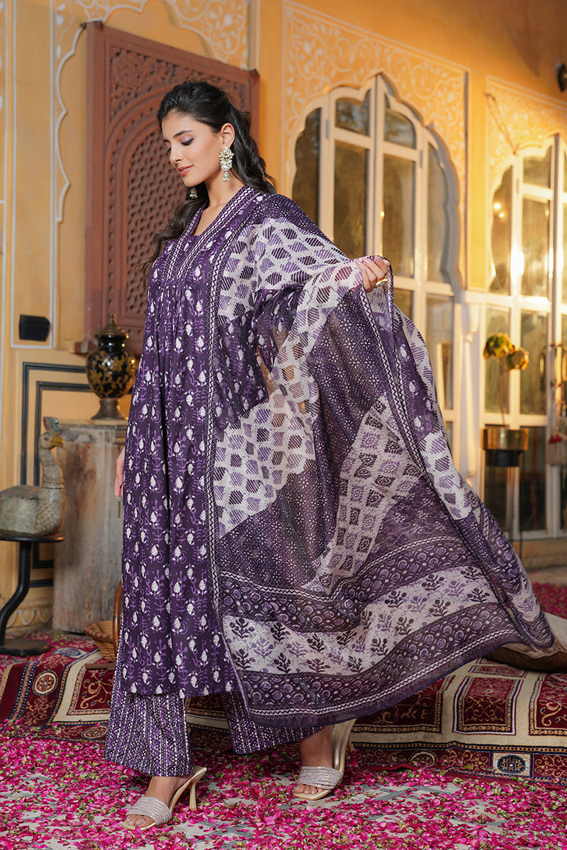 Purple Rayon Blend Batik Printed Straight Kurta Palazzos With Dupatta VKSKD2370