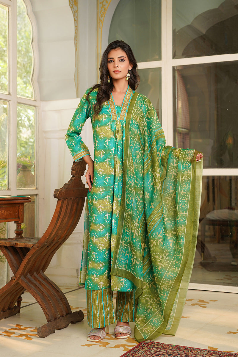 Green Rayon Blend Ethnic Motifs Printed Straight Kurta Palazzos With Dupatta VKSKD2371