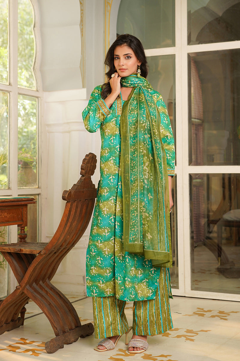Green Rayon Blend Ethnic Motifs Printed Straight Kurta Palazzos With Dupatta VKSKD2371