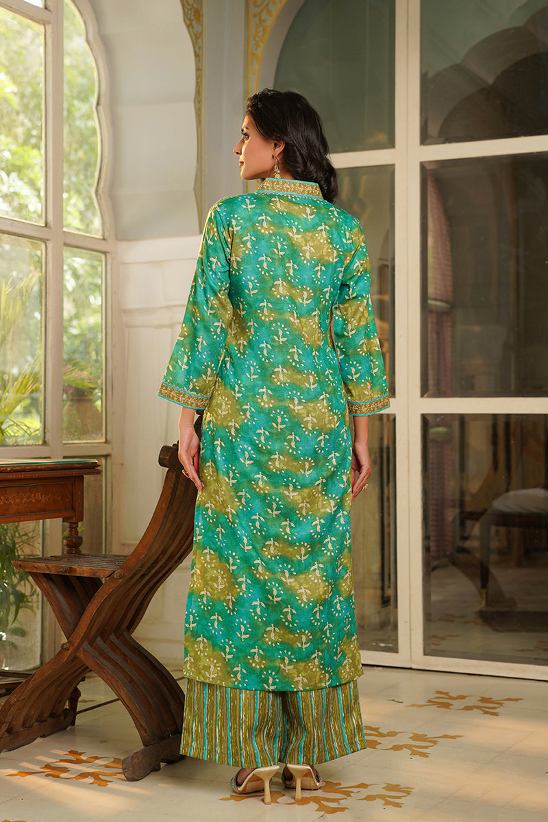 Green Rayon Blend Ethnic Motifs Printed Straight Kurta Palazzos With Dupatta VKSKD2371