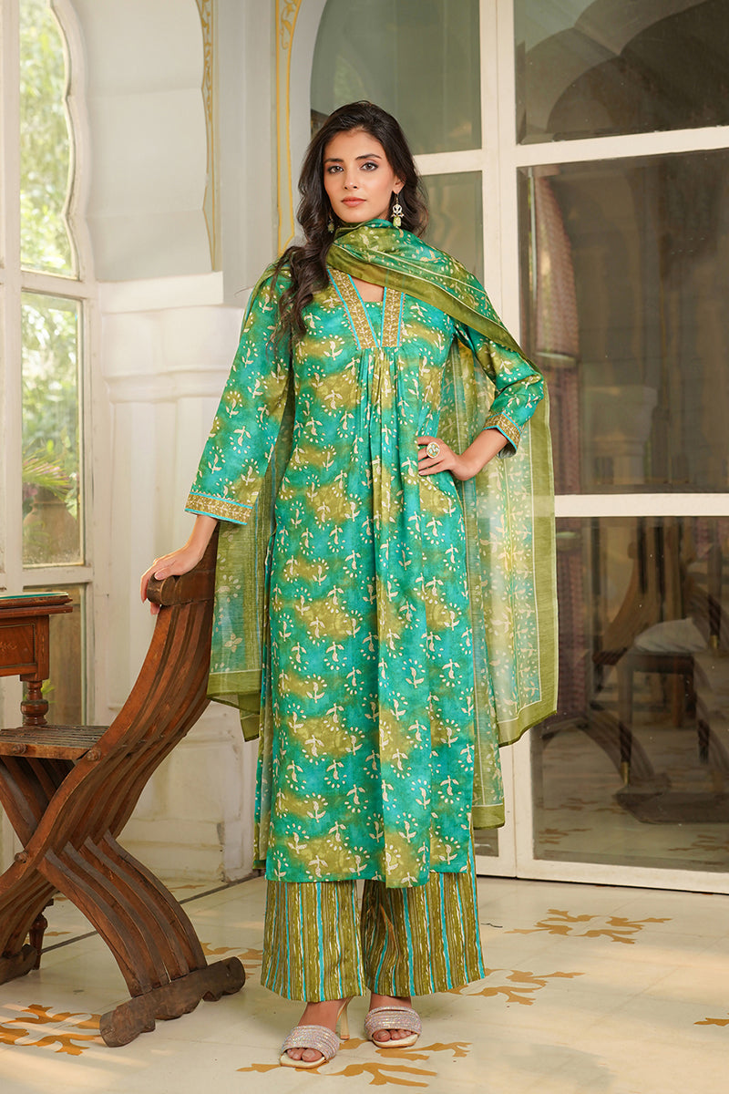Green Rayon Blend Ethnic Motifs Printed Straight Kurta Palazzos With Dupatta VKSKD2371