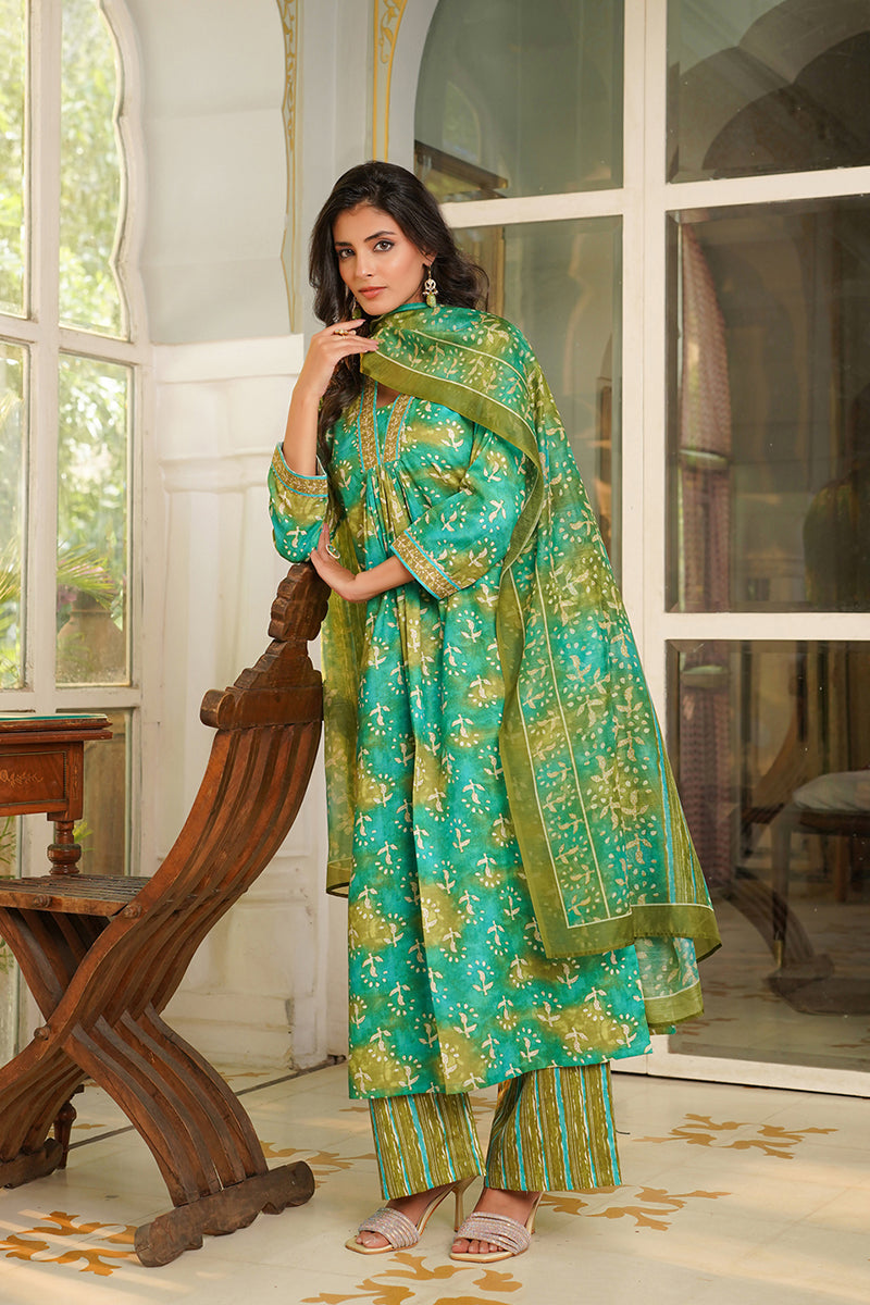 Green Rayon Blend Ethnic Motifs Printed Straight Kurta Palazzos With Dupatta VKSKD2371