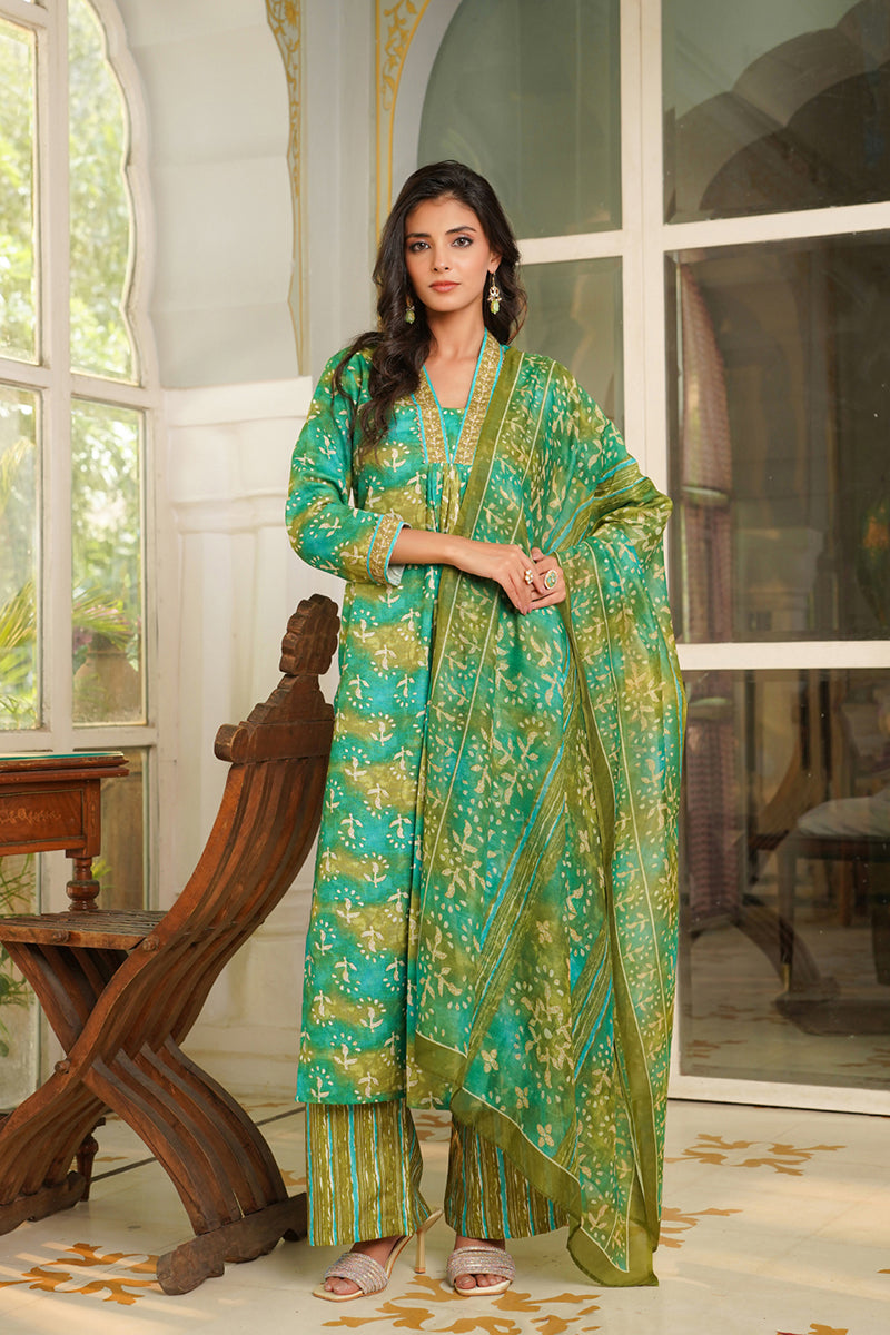 Green Rayon Blend Ethnic Motifs Printed Straight Kurta Palazzos With Dupatta VKSKD2371