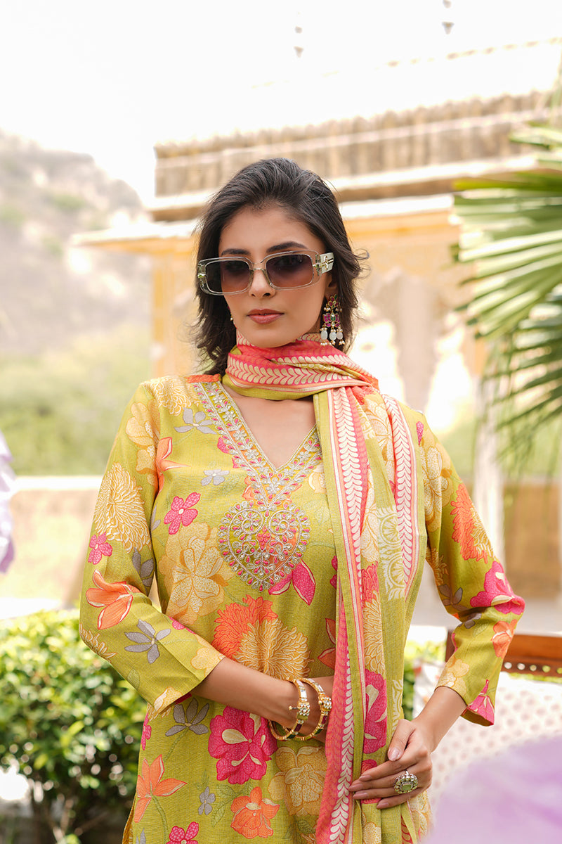 Lime Green Viscose Rayon Floral Embroidered Straight Kurta Trousers With Dupatta VKSKD2375