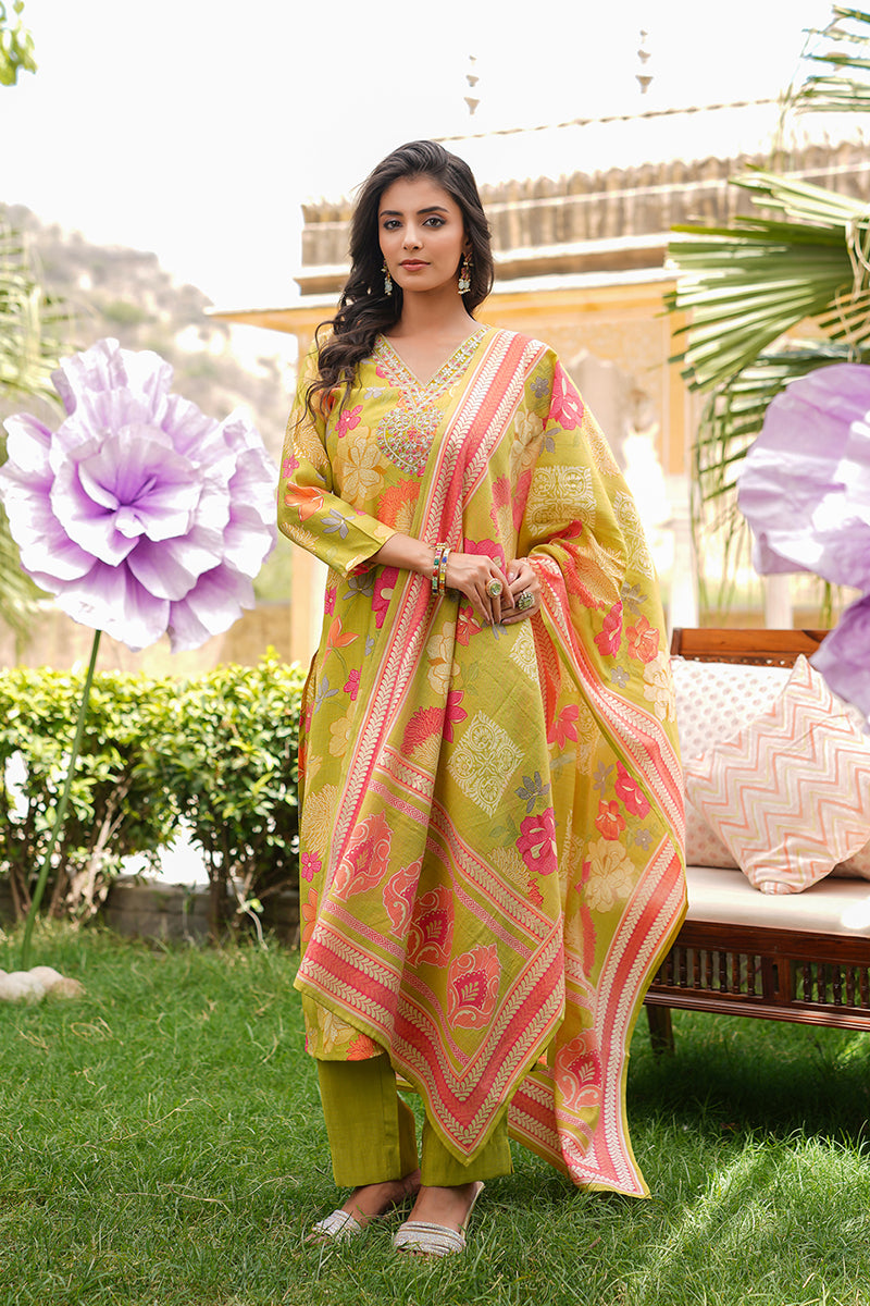 Lime Green Viscose Rayon Floral Embroidered Straight Kurta Trousers With Dupatta VKSKD2375