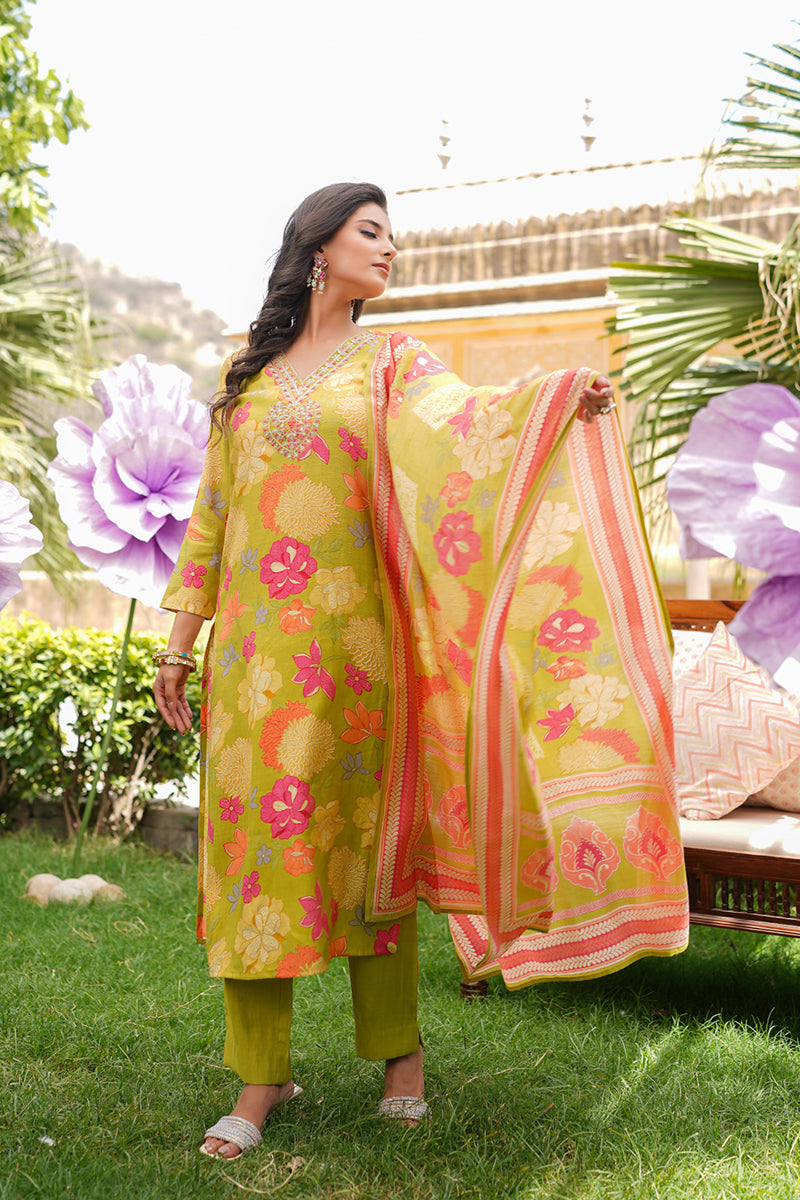 Lime Green Viscose Rayon Floral Embroidered Straight Kurta Trousers With Dupatta VKSKD2375