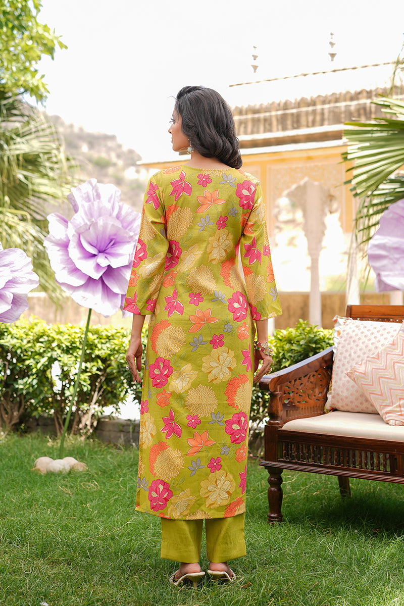 Lime Green Viscose Rayon Floral Embroidered Straight Kurta Trousers With Dupatta VKSKD2375