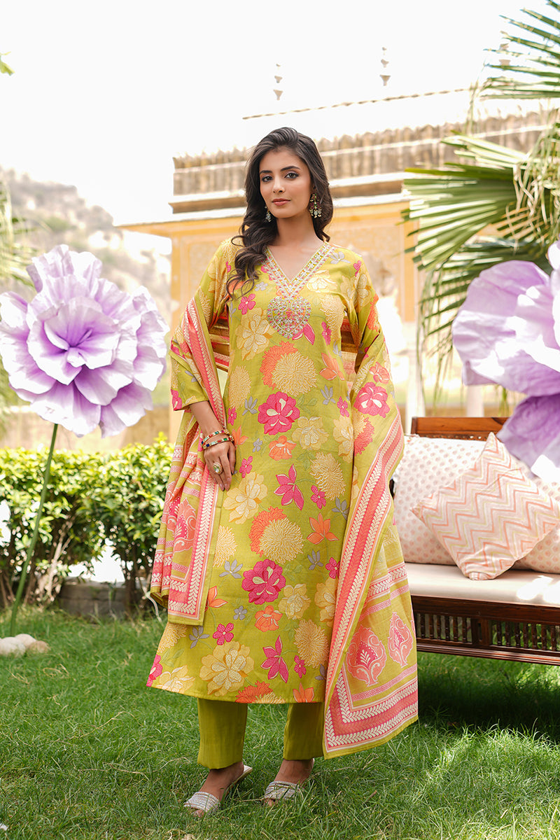 Lime Green Viscose Rayon Floral Embroidered Straight Kurta Trousers With Dupatta VKSKD2375