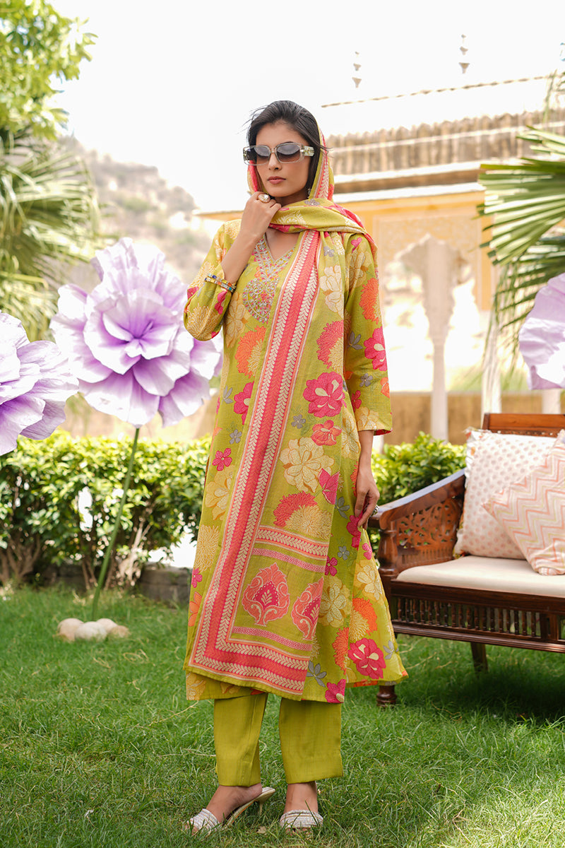 Lime Green Viscose Rayon Floral Embroidered Straight Kurta Trousers With Dupatta VKSKD2375