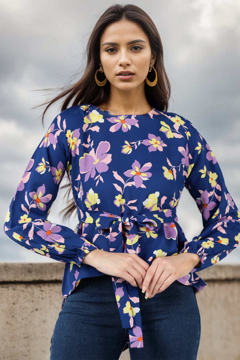 Navy Blue Georgette Floral Print Top VT1187