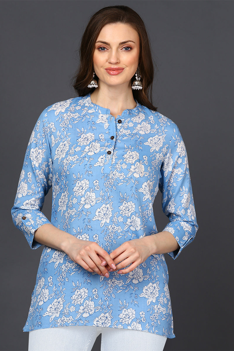 Light Blue Cotton Blend Floral Printed Straight Tunic VT1227