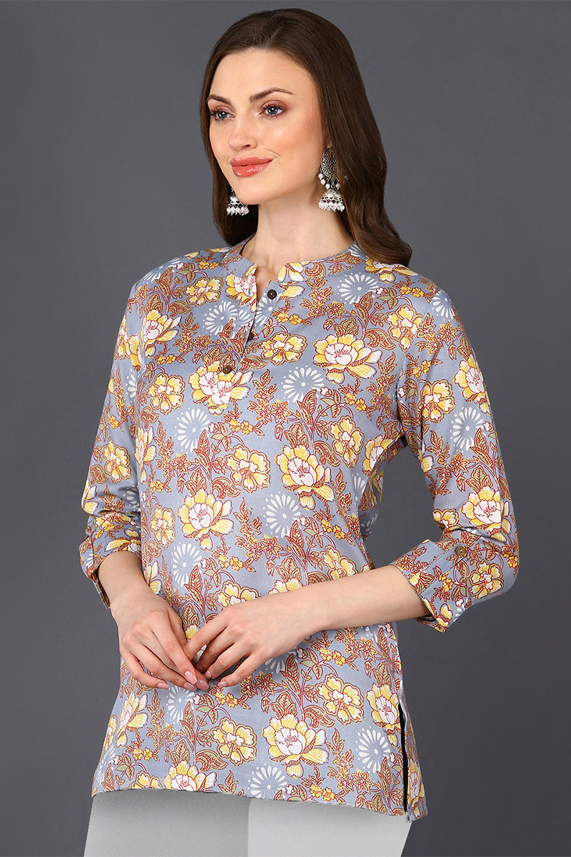 Grey Floral Cotton Blend Printed Straight Tunic VT1228