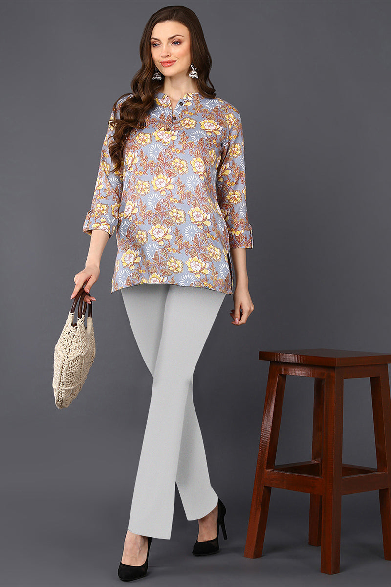 Grey Floral Cotton Blend Printed Straight Tunic VT1228