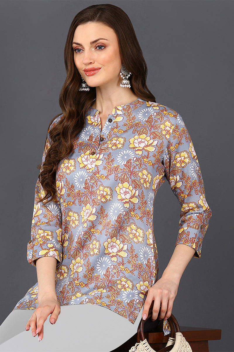 Grey Floral Cotton Blend Printed Straight Tunic VT1228