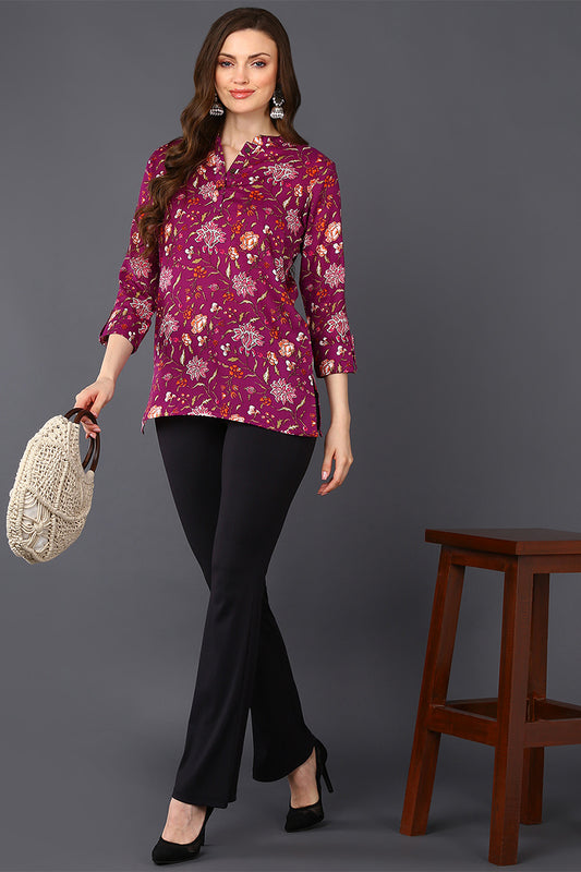 Purple Cotton Blend Floral Printed Straight Tunic VT1229