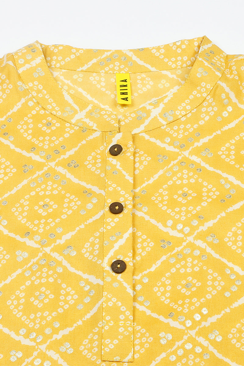 Yellow Cotton Blend Bandhani Printed Straight Tunic VT1233