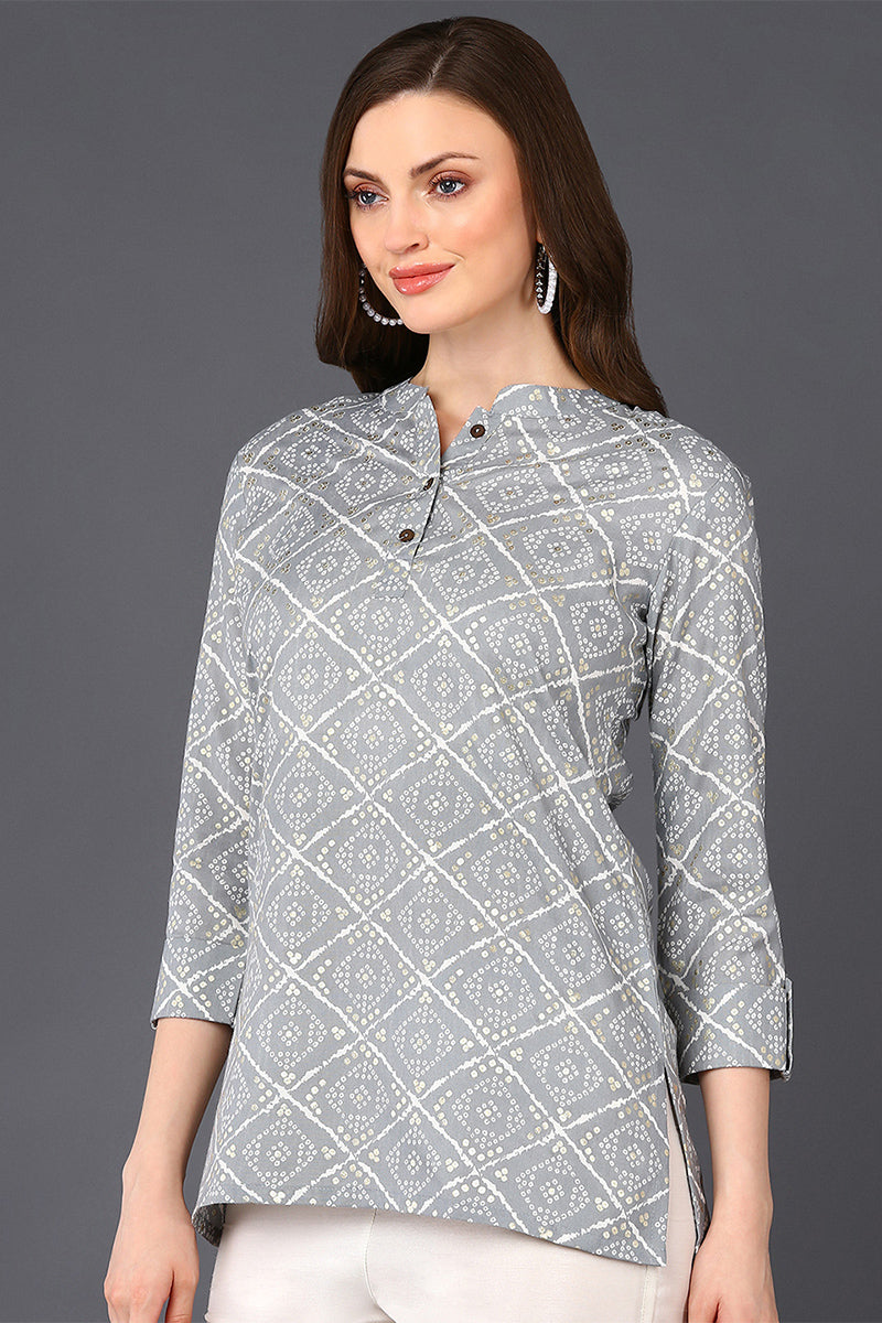 Grey Cotton Blend Bandhani Printed Straight Tunic VT1234