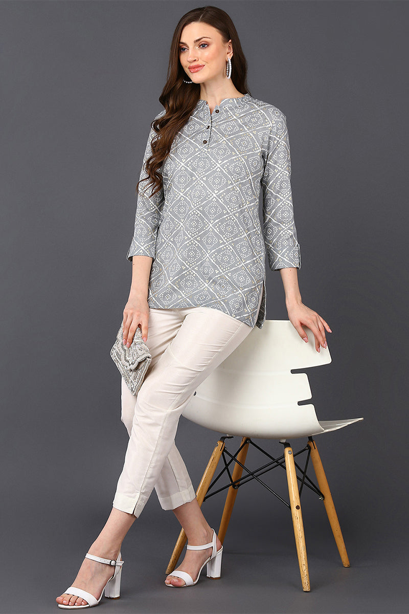 Grey Cotton Blend Bandhani Printed Straight Tunic VT1234