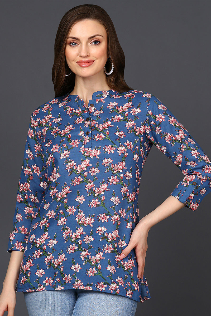 Blue Cotton Blend Floral Printed Straight Tunic VT1235