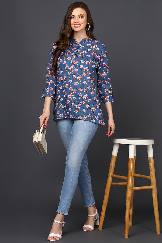 Blue Cotton Blend Floral Printed Straight Tunic VT1235