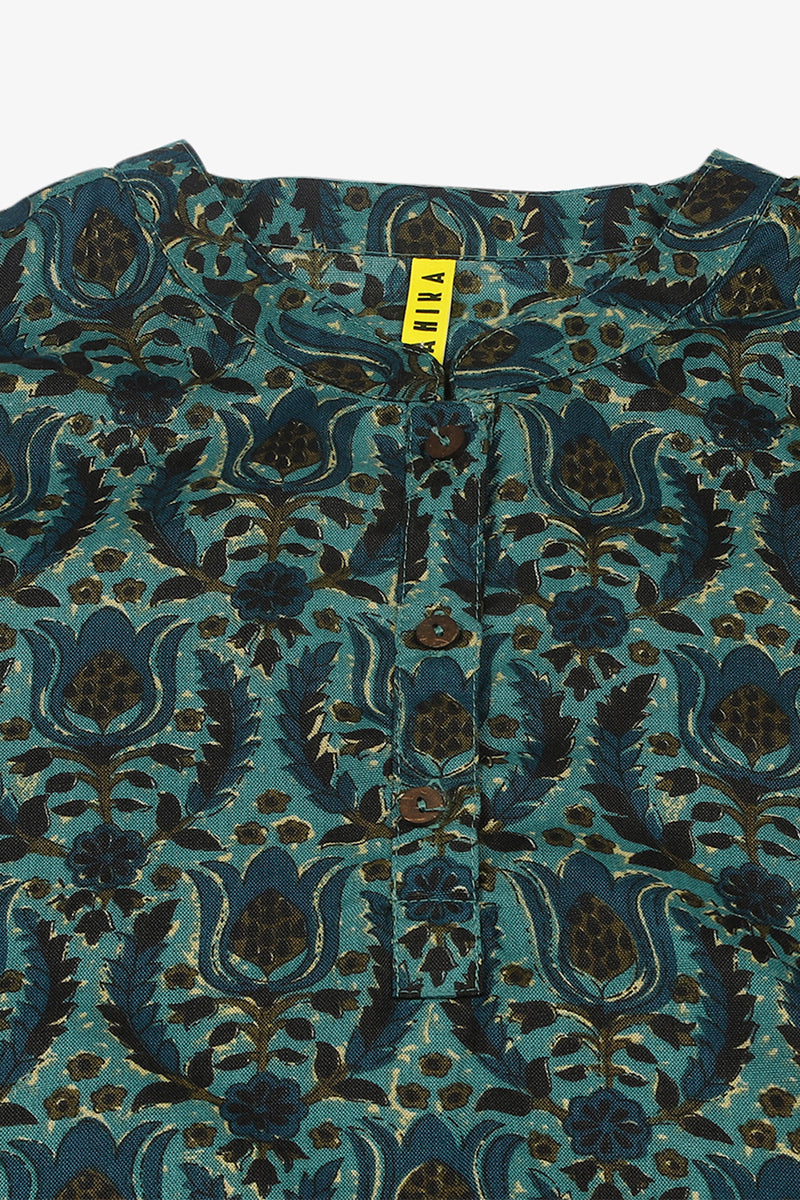 Teal Green Cotton Blend Ethnic Motifs Printed Straight Tunic VT1237