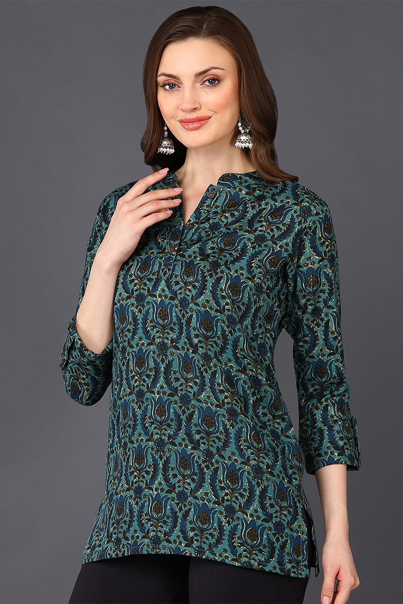 Teal Green Cotton Blend Ethnic Motifs Printed Straight Tunic VT1237