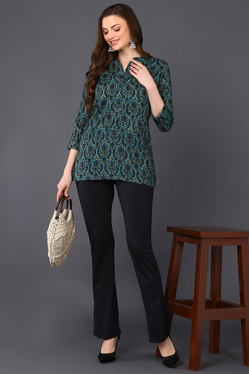 Teal Green Cotton Blend Ethnic Motifs Printed Straight Tunic VT1237