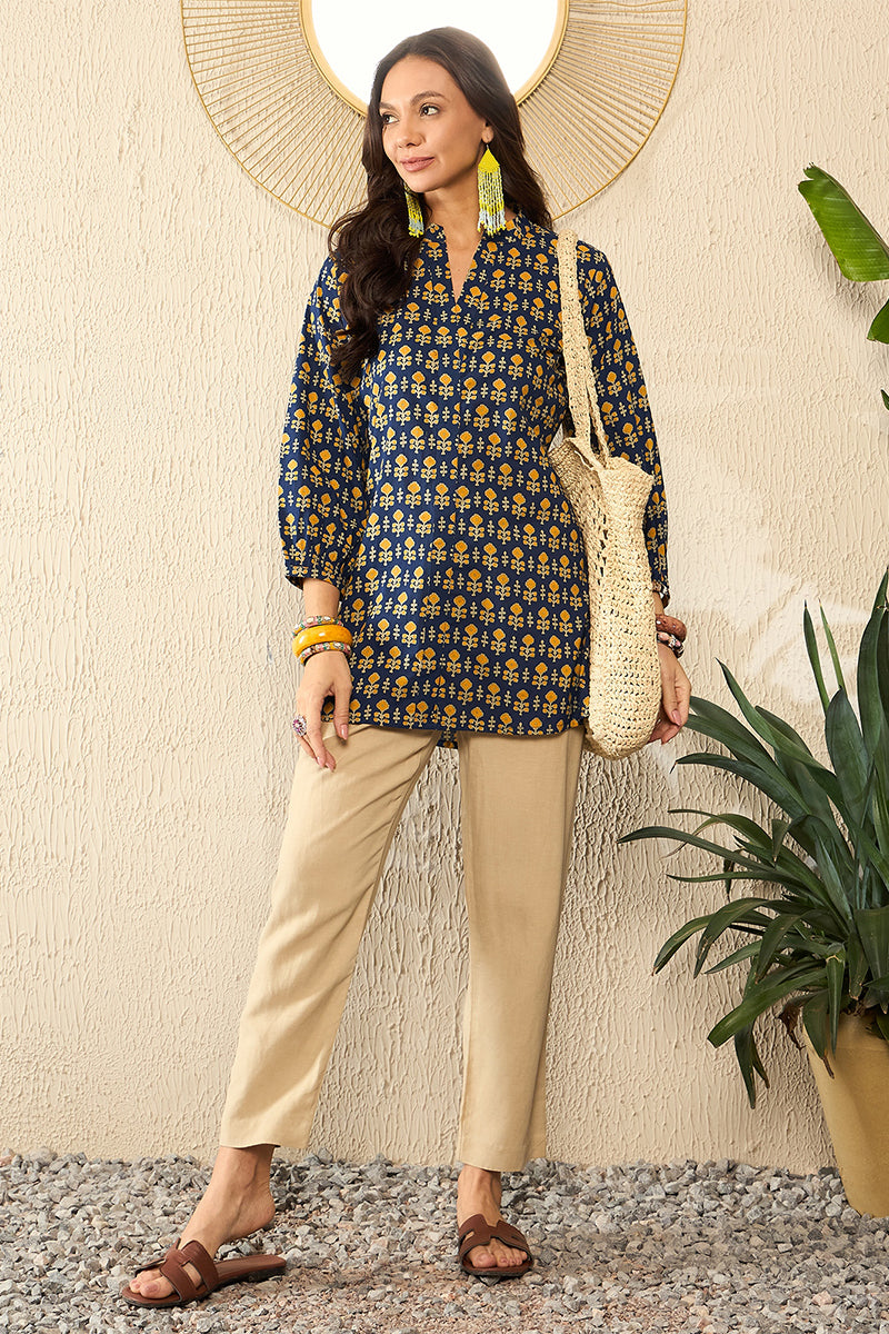Blue Cotton Blend Ethnic Motifs Printed Regular Kurti Tunics VT1318